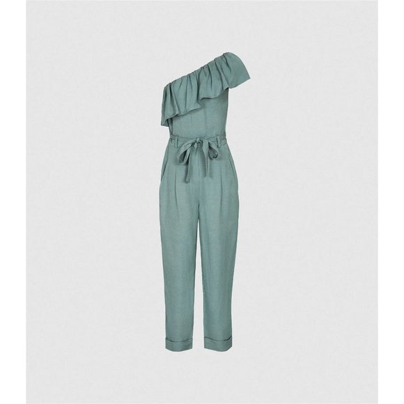 REISS Madeline Ruffled One Shoulder Frill Jumpsuit in Green - NWT - Size 0 - Picture 2 of 5